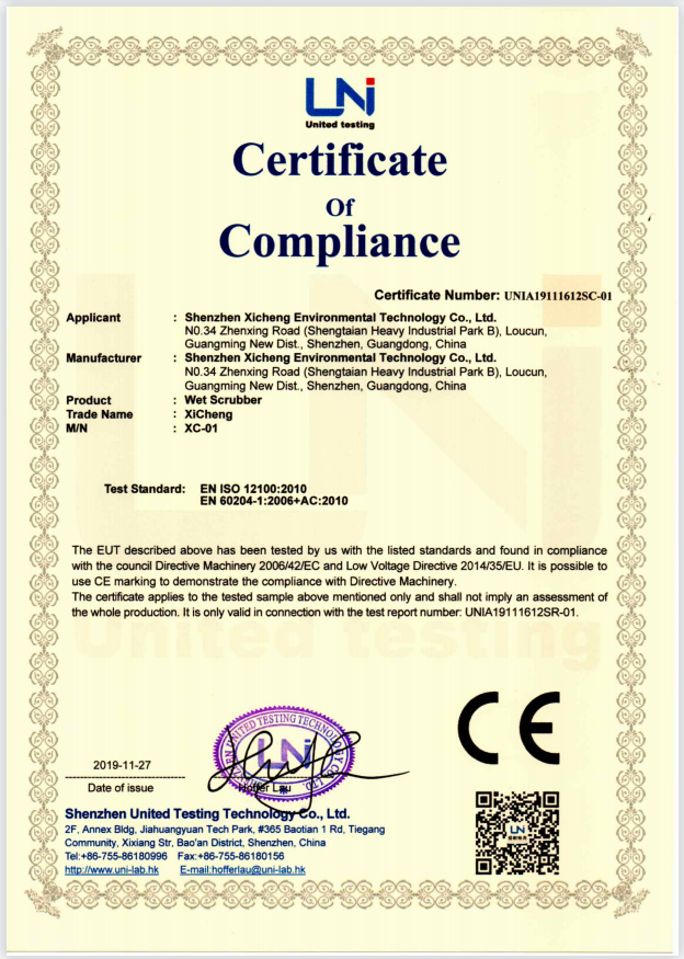 Wet scrubber Certificate of Compliance